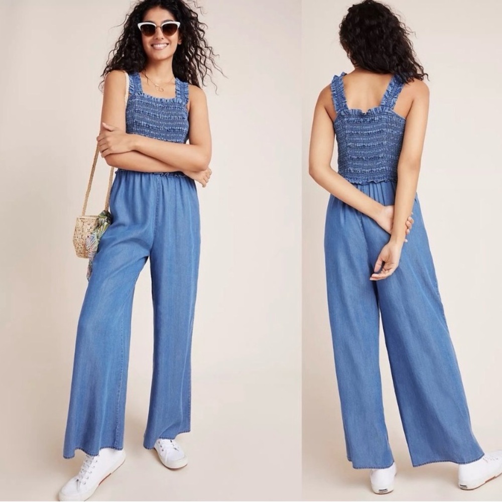 Draper James Blue Chambray Smocked Wide Leg Jumpsuit L